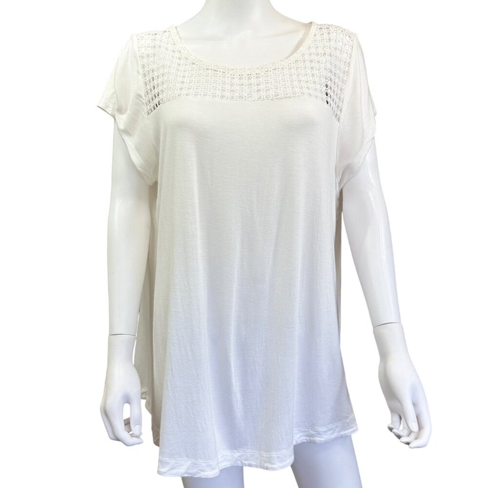 Ellos Womens Lace Yoke Top Size L White Rayon Relaxed Fit Stylish